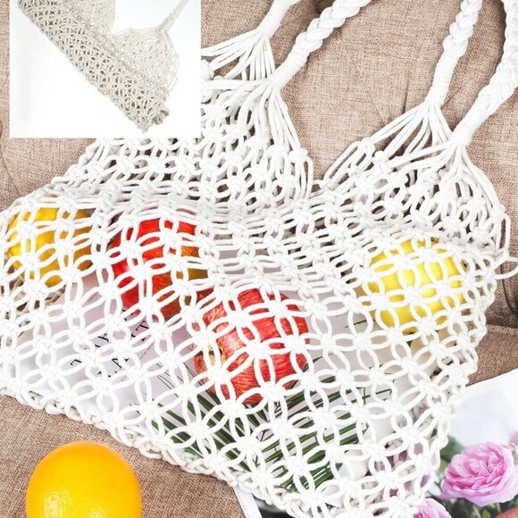 Travel Beach Fishing Net Handbag Woven Shoulder Bag Cotton Rope Macrame Mesh Bea - Picture 4 of 7